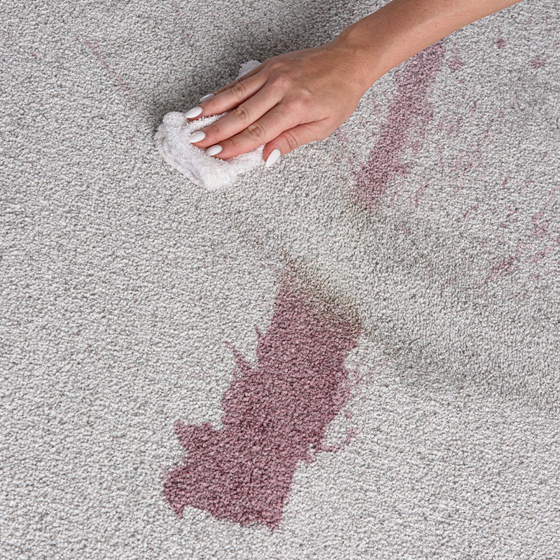 Hand cleaning a spill from textured carpet to demonstrate easy care and lasting performance