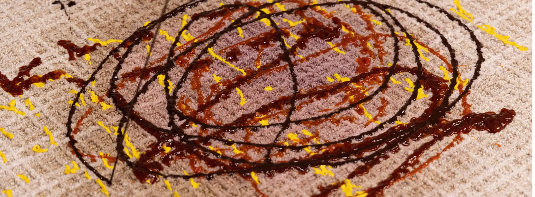 PureColor twistX carpet covered with food spills and stains before cleaning to demonstrate easy cleanability.
